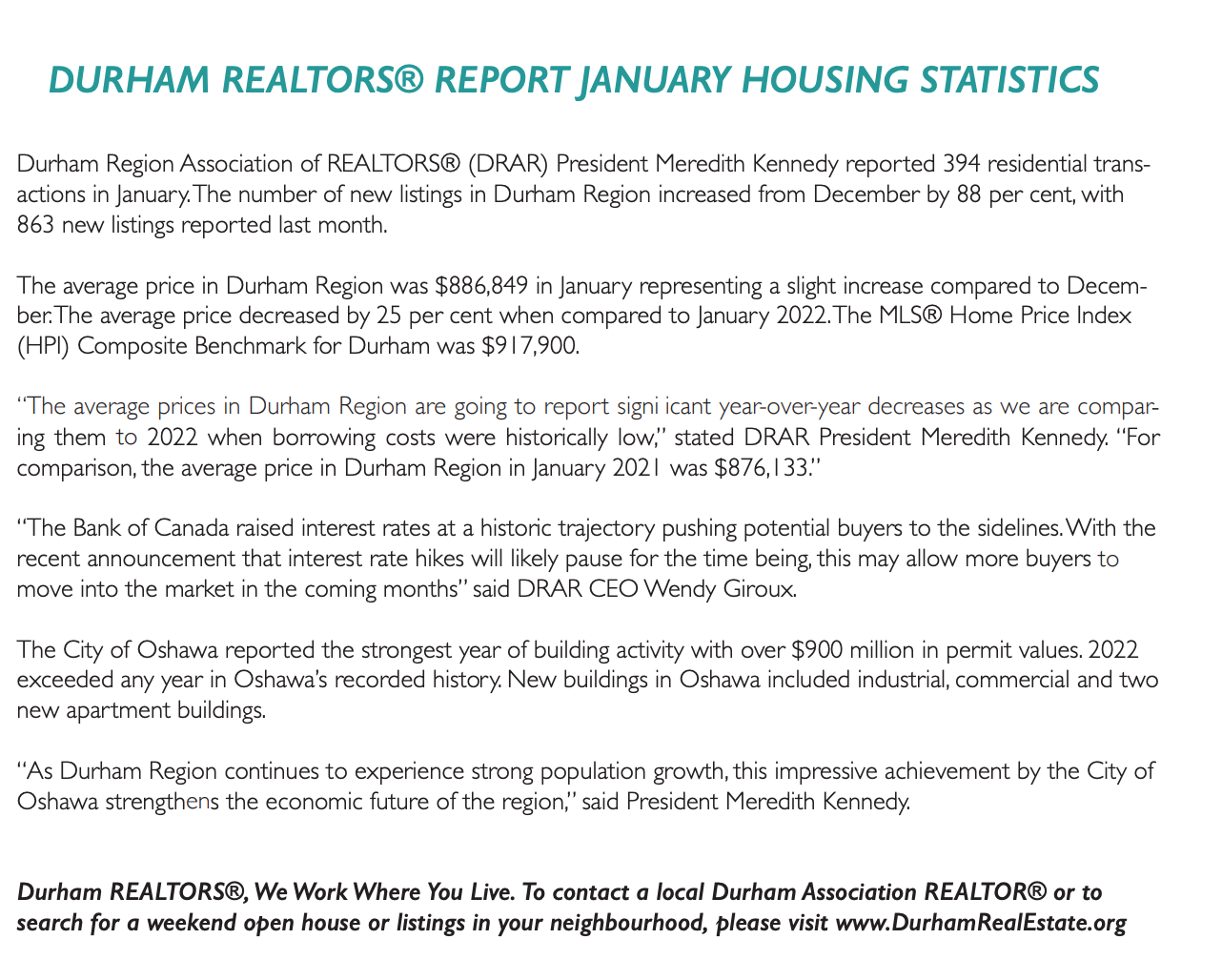 Durham REALTORS® report January 2023 Housing Statistics