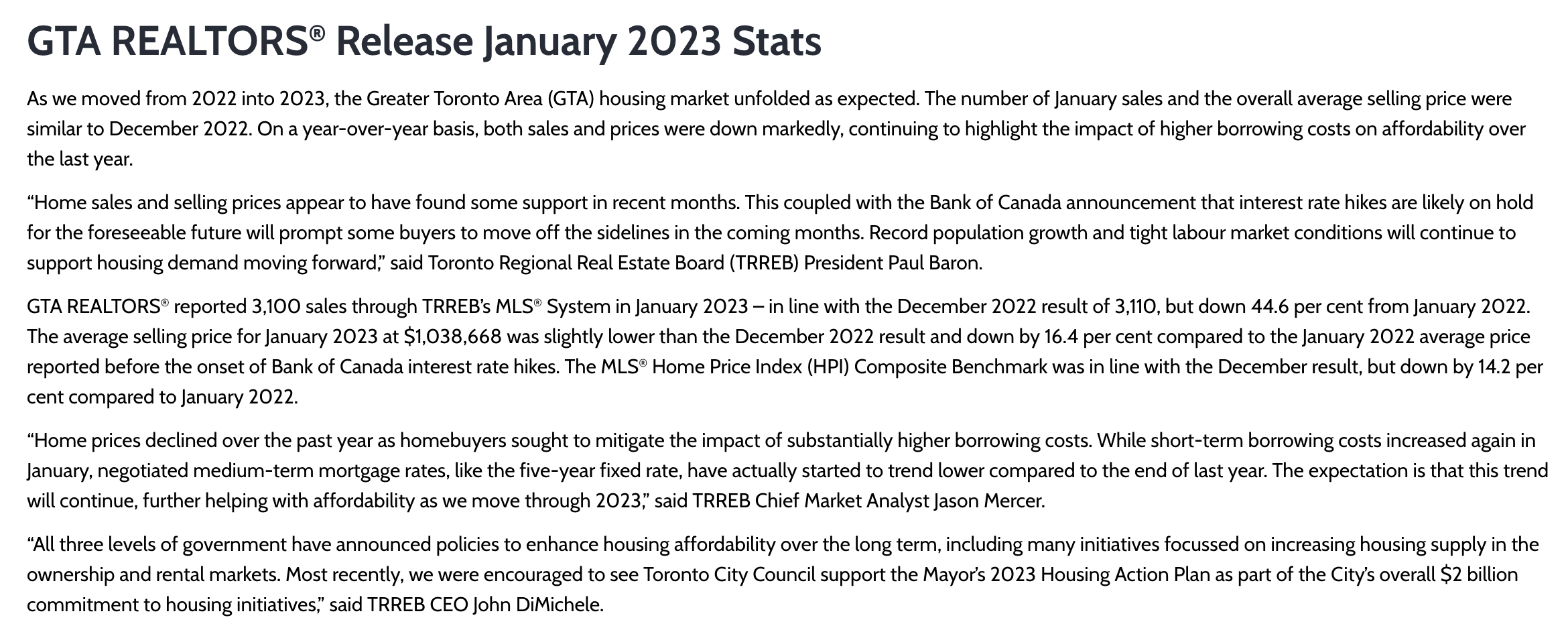 From the Toronto Regional Real Estate Board Market Watch January 2023