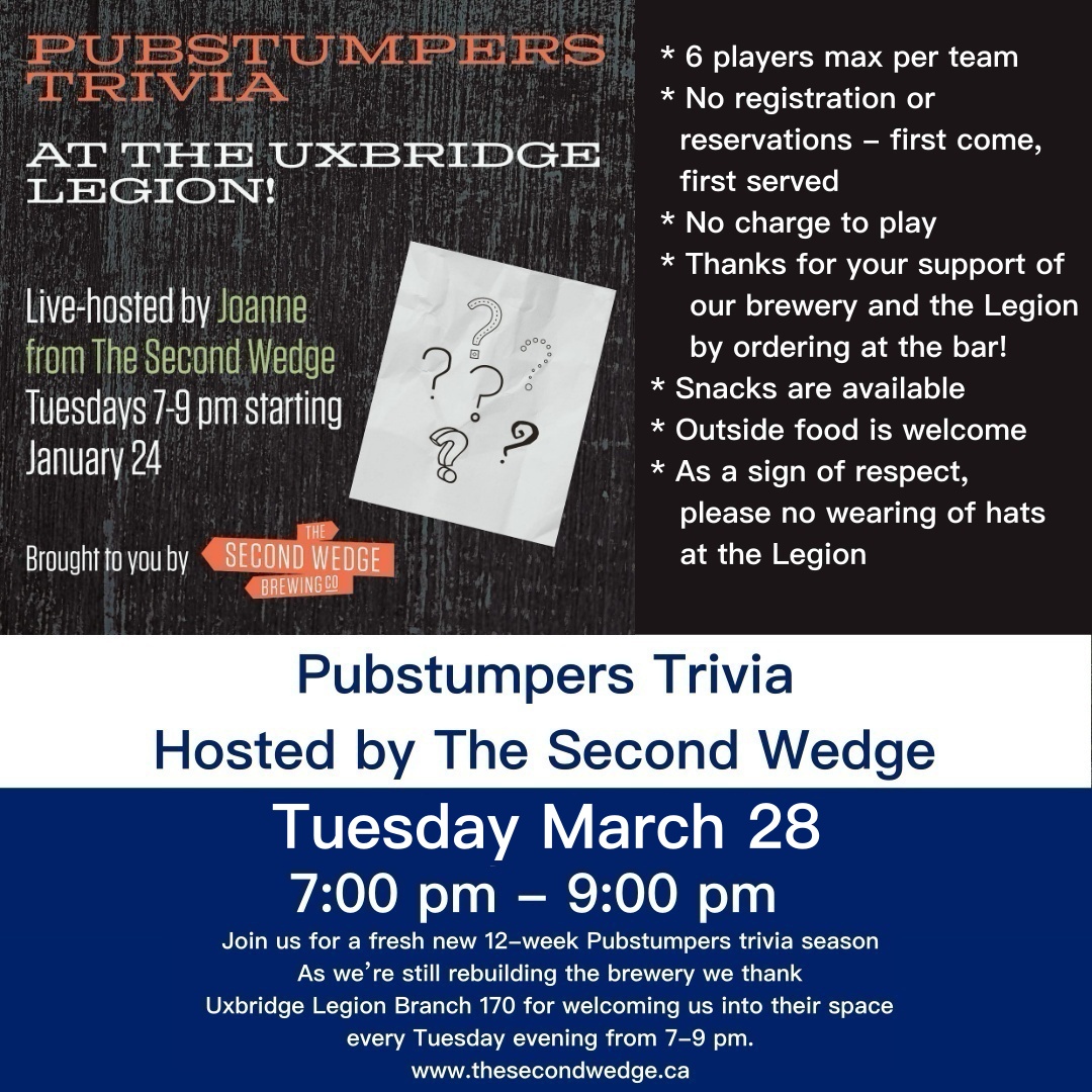 Uxbridge Events, Pubstumpers Trivia presented by The Second Wedge. Tuesday March 28