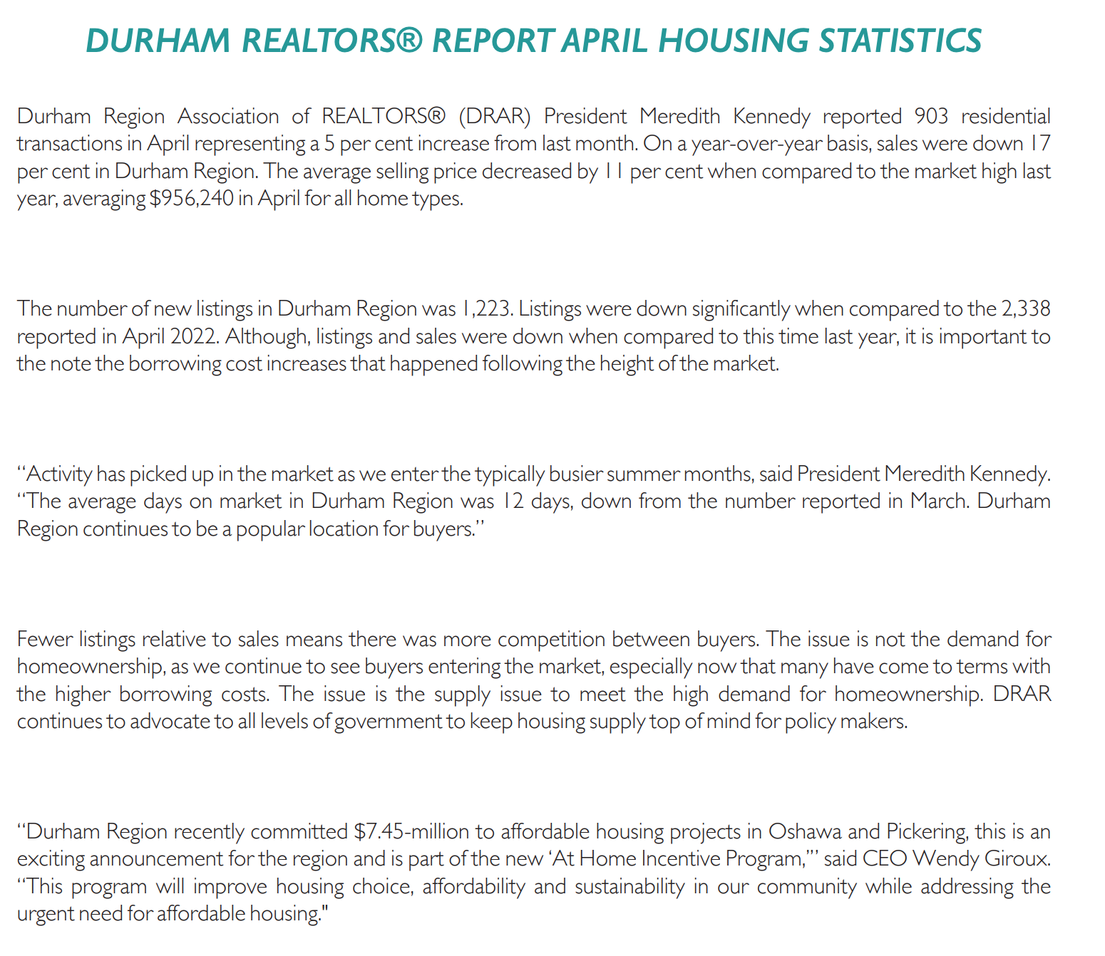 Durham REALTORS® Report April 2023 Housing Statistics