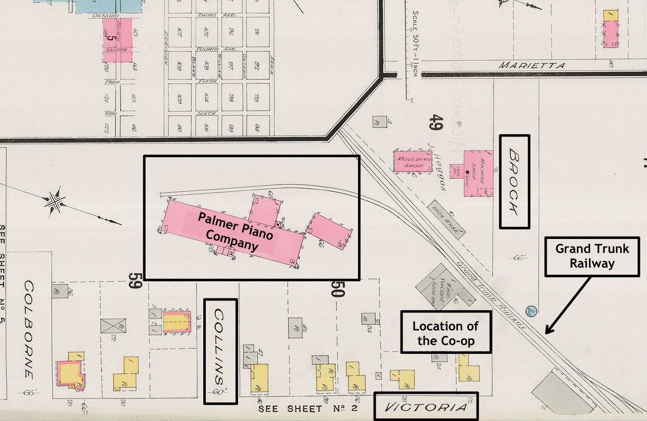 Map showing the location of the Palmer Piano Co building in Uxbridge.