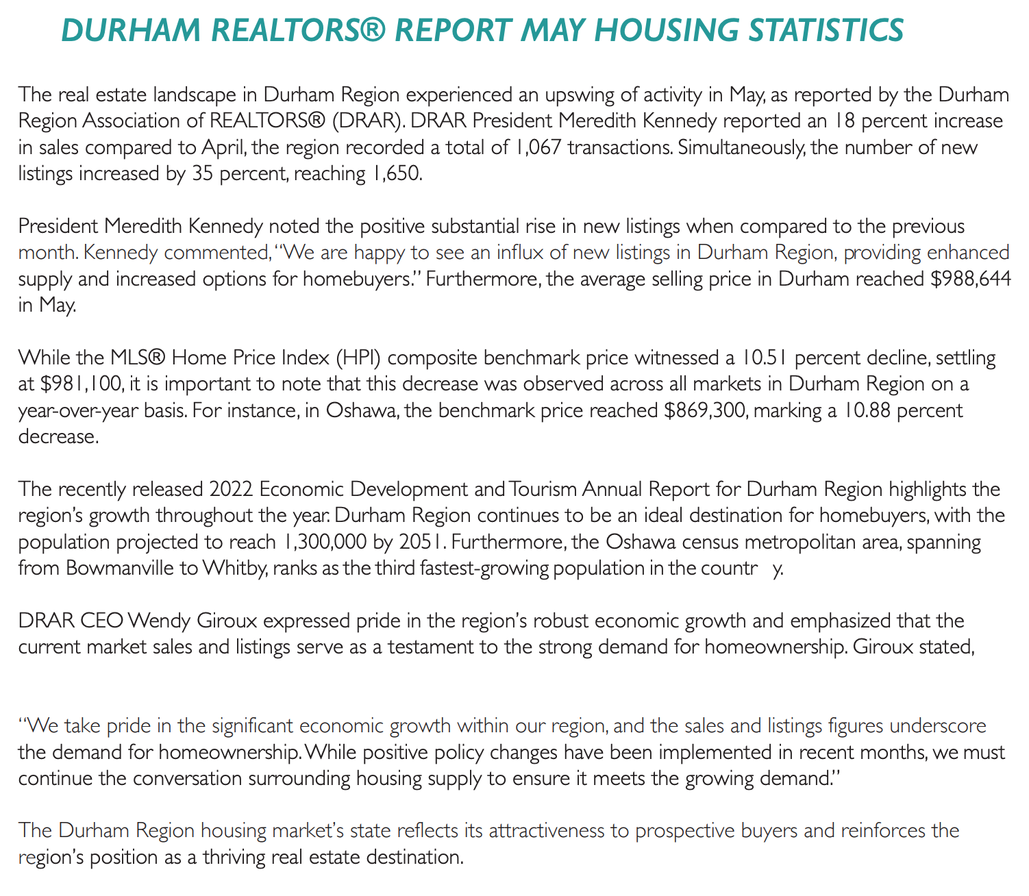 Durham REALTORS® Report May 2023 Housing Statistics