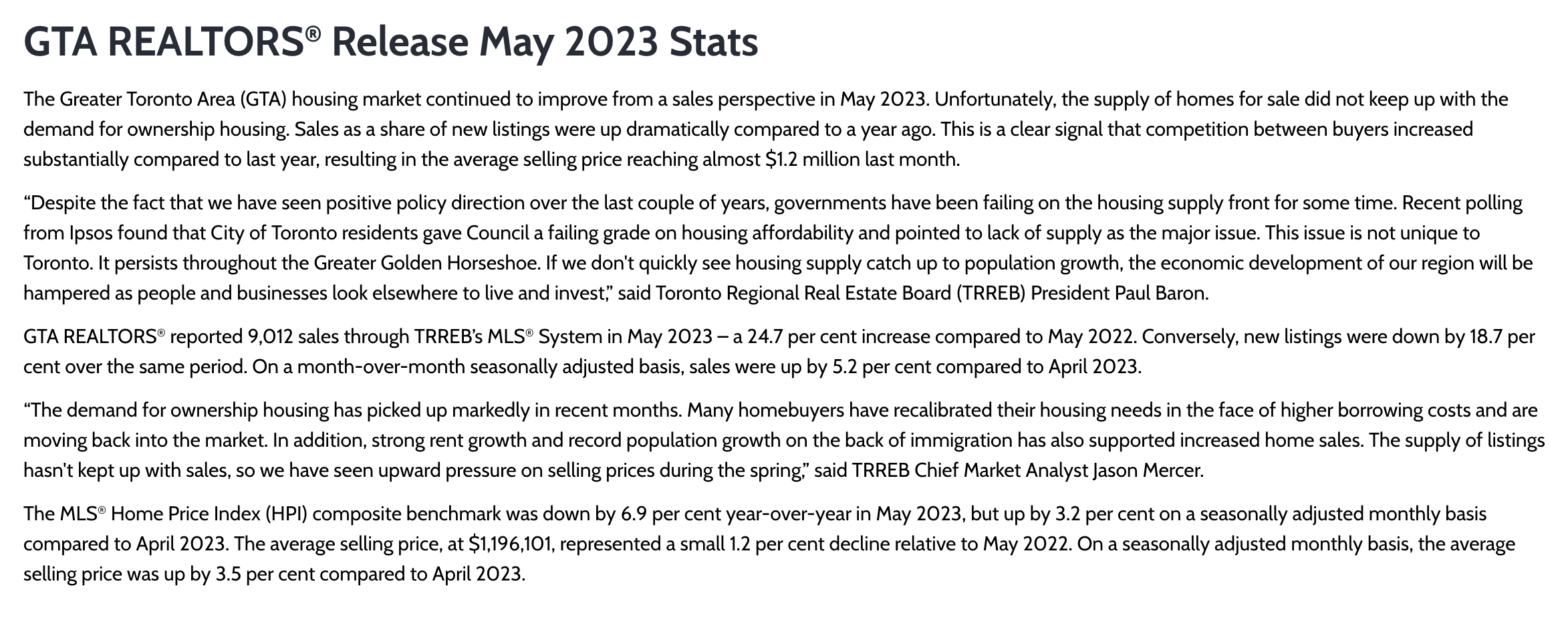 From Toronto Regional Real Estate Board