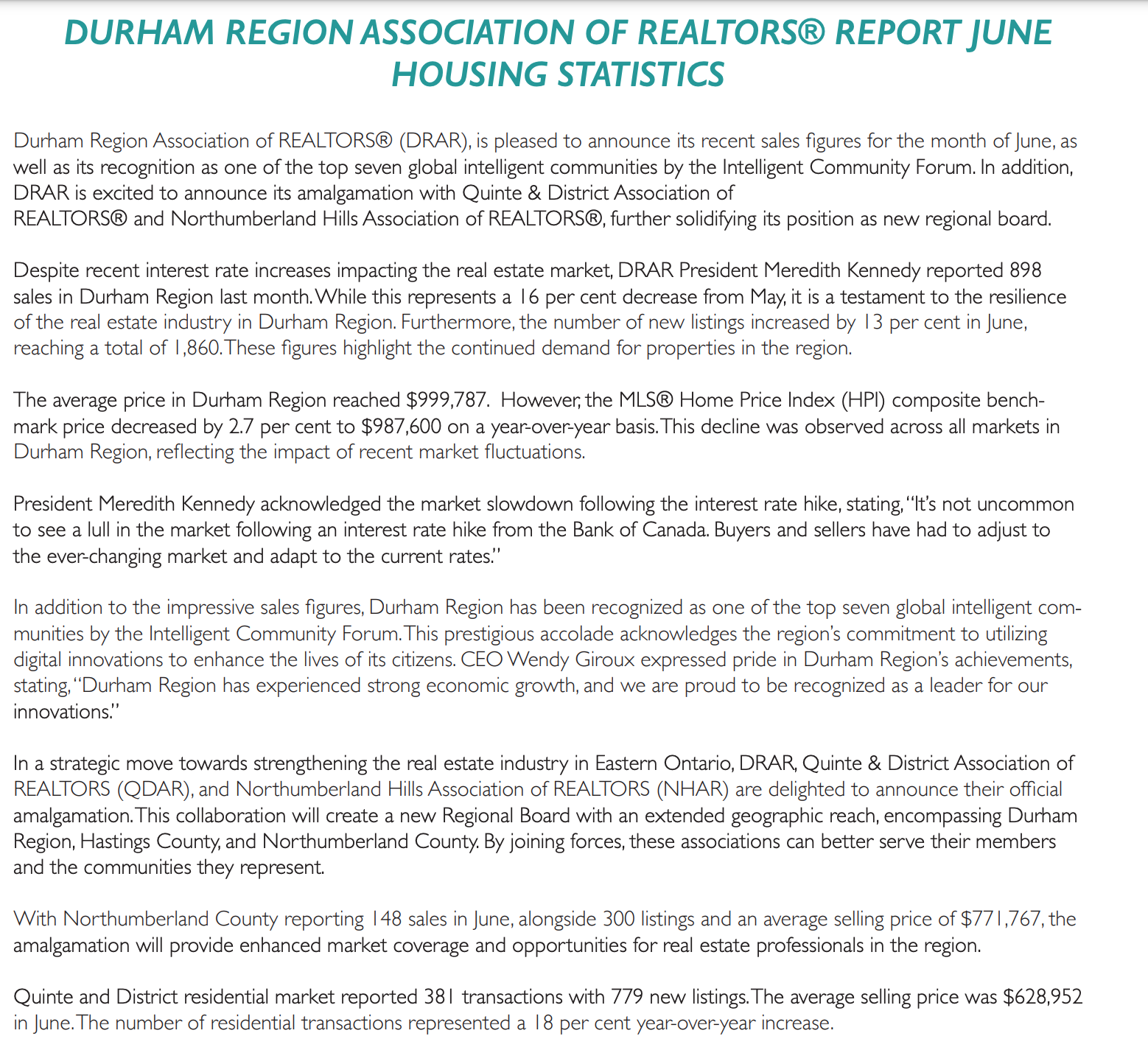Durham REALTORS® Report June 2023 Housing Statistics