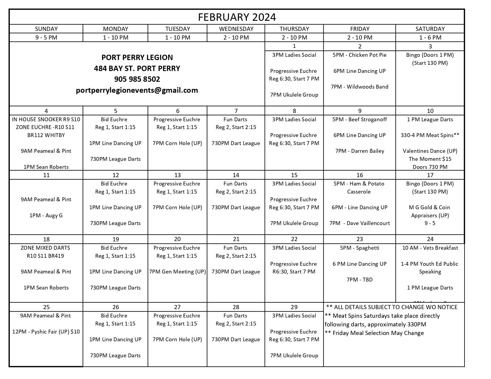 Port Perry Legion February Events
